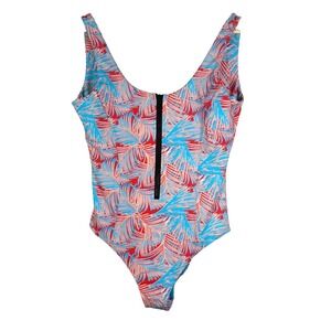 Vetchy Womens Tropical Palm Print Front Zip One Piece Swimsuit Red Blue Large